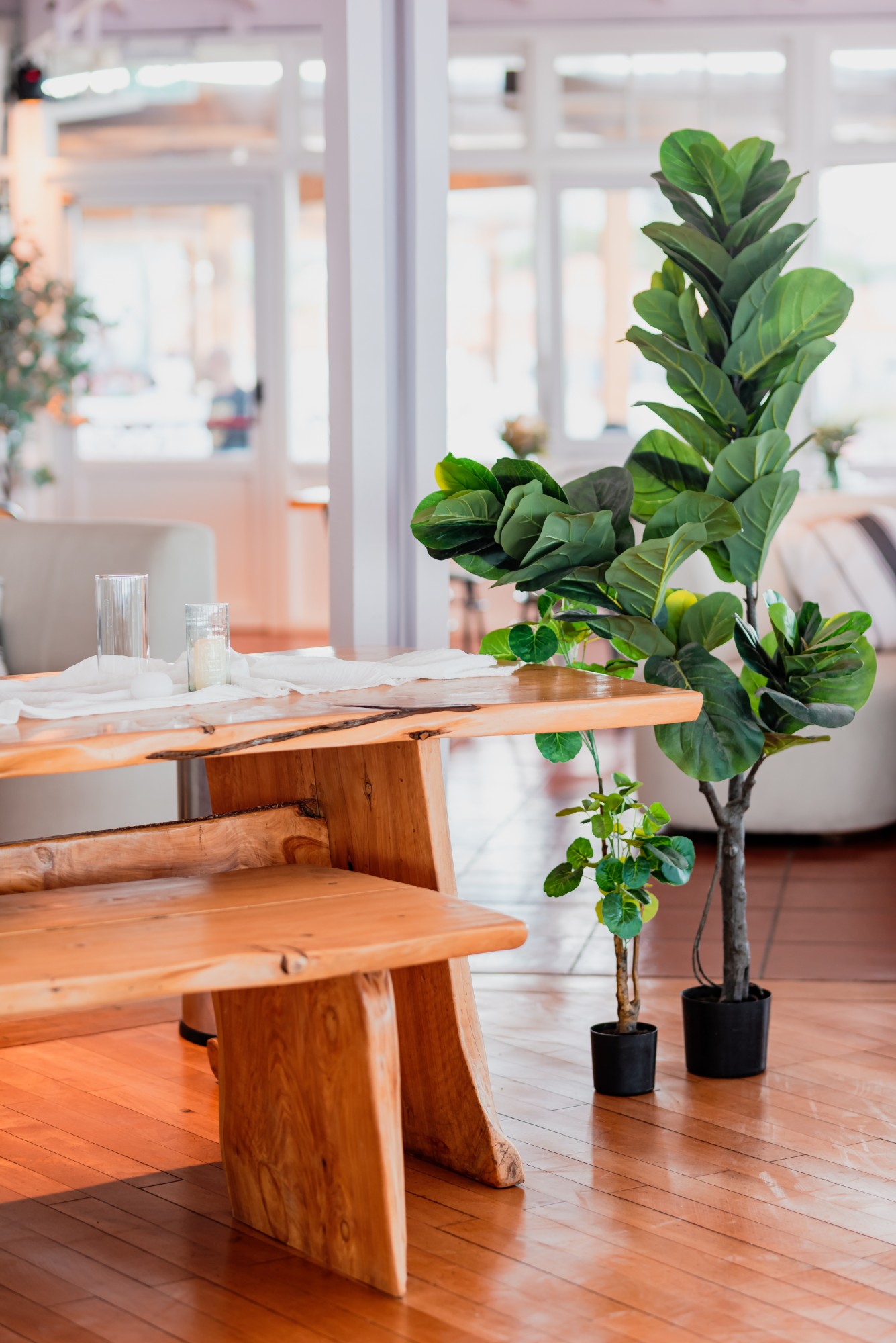 Mesa y banco de madera con plantas — Mar Eventos